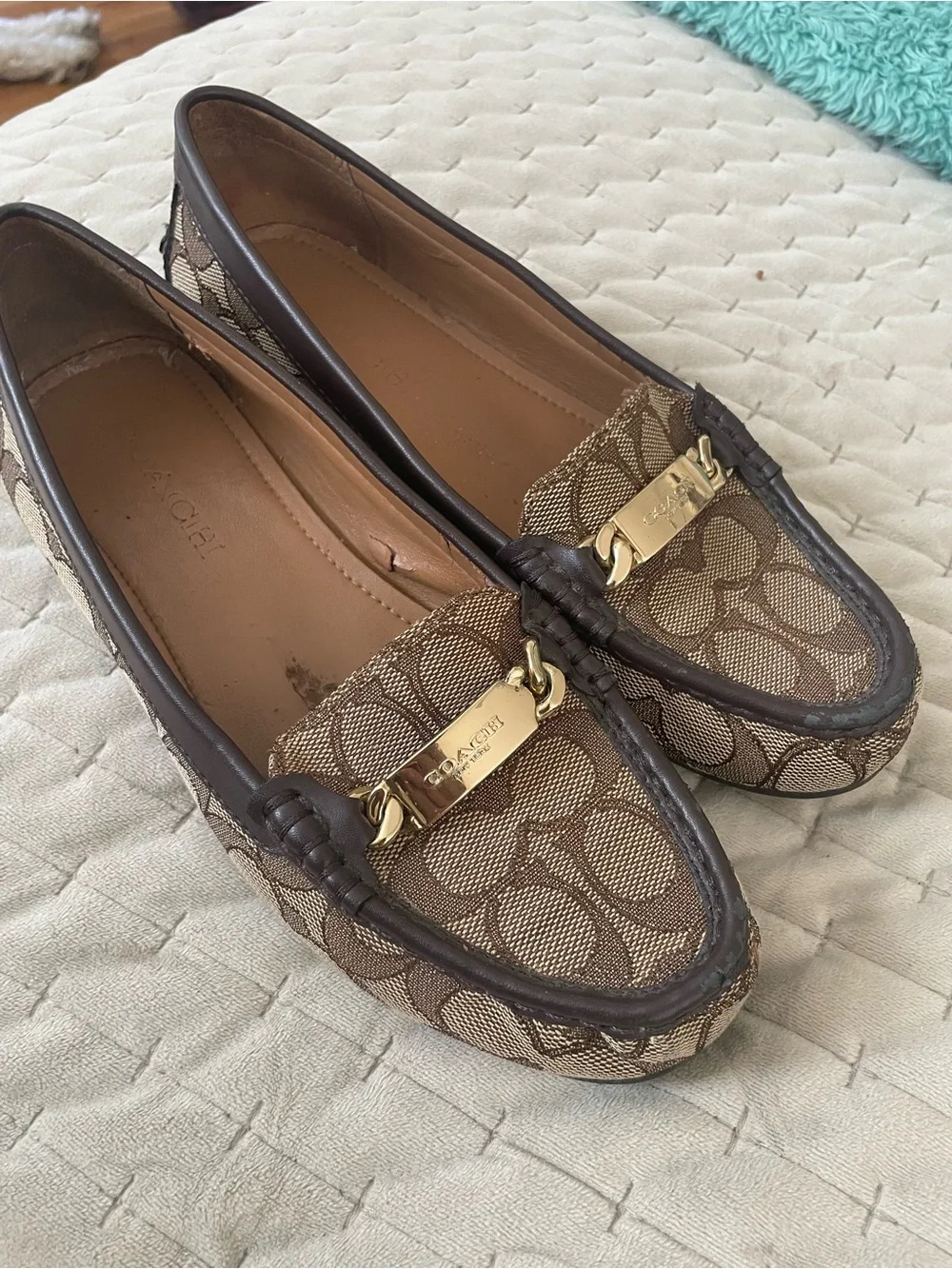 Coach Brown Signature Canvas Moccasins with Gold Plaque